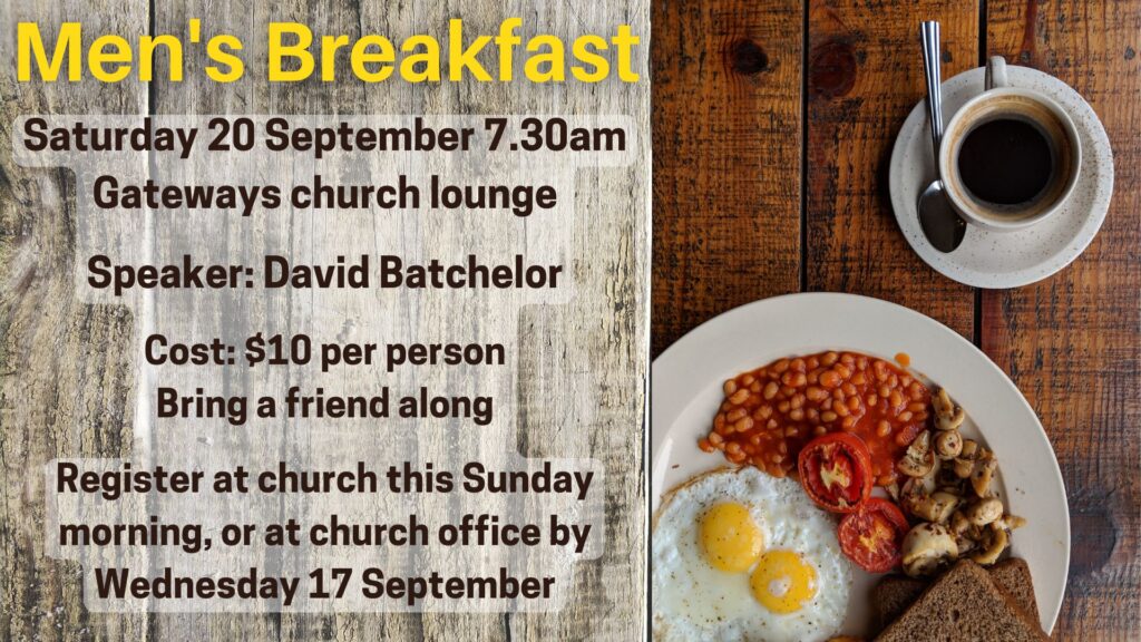 Flyer about the Men's Breakfast event at Gateways Christian Fellowship church