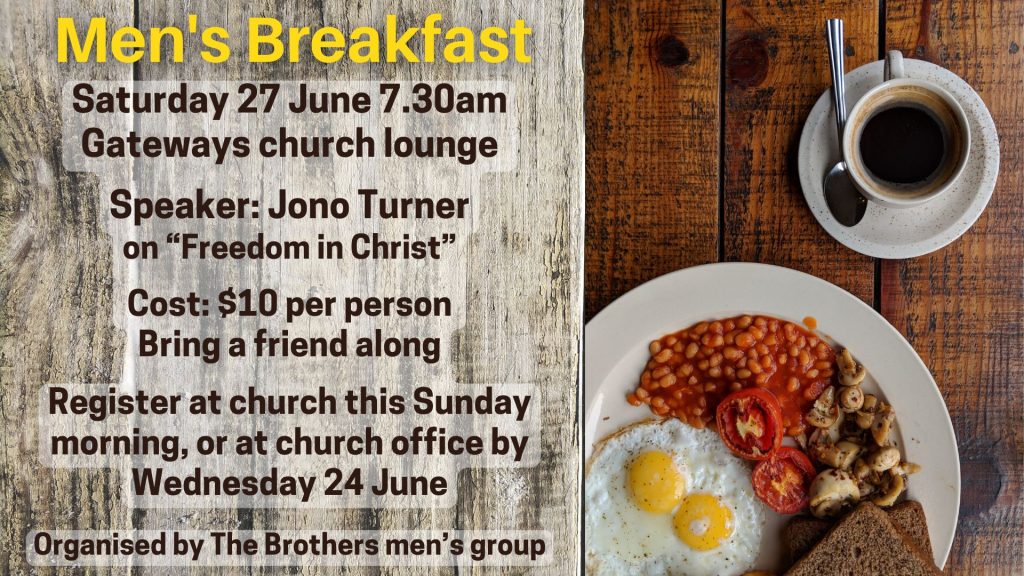 Flyer about Men's Breakfast at Gateways Christian Fellowship